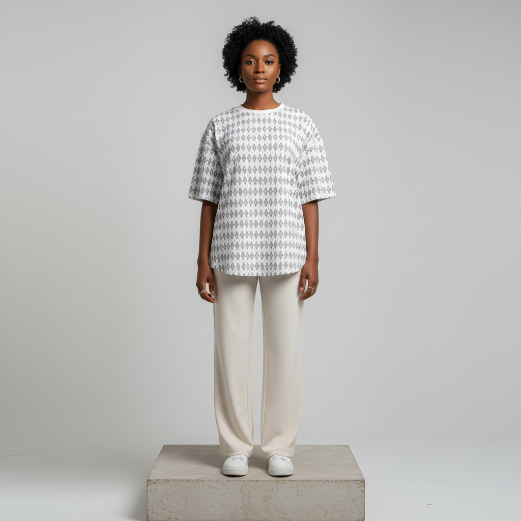 White Grey Argyle Print Short-Sleeve Top - Model Front View