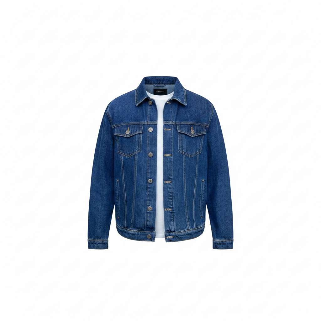 Men's mid blue denim trucker jacket ghost mannequin front view