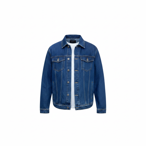 Men's mid blue denim trucker jacket ghost mannequin front view