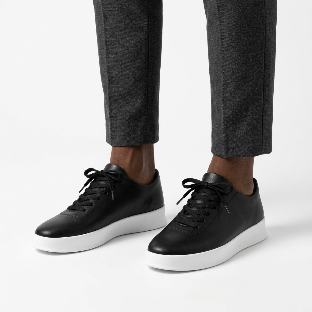 Both black lace-up sneakers worn by a Nigerian male model on white