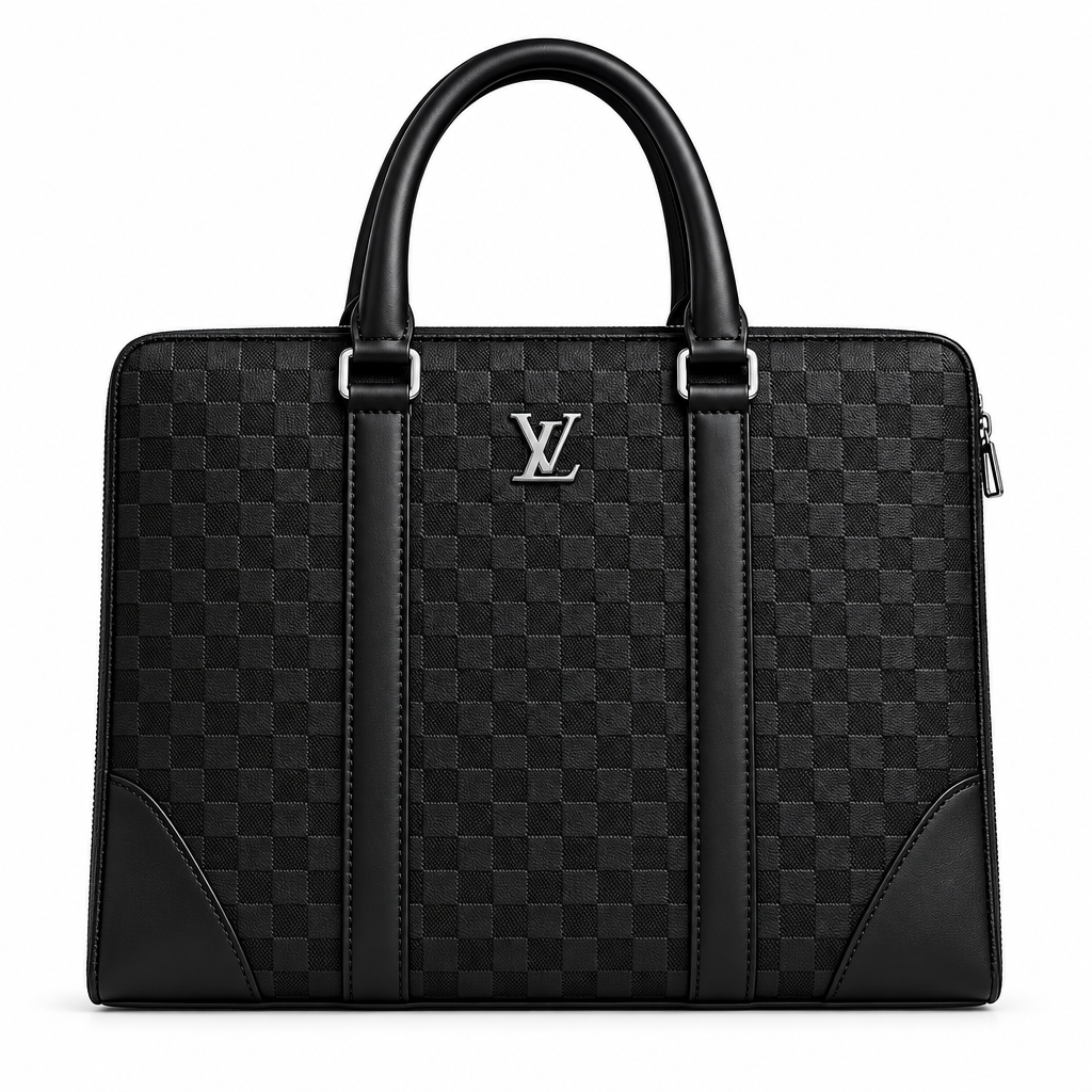 Black Checkered Embossed Leather Executive Briefcase – Catalog Shot