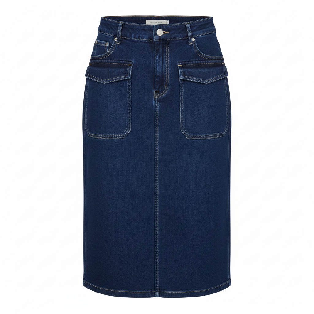 Navy Blue Denim Midi Skirt - Ghost Mannequin Front