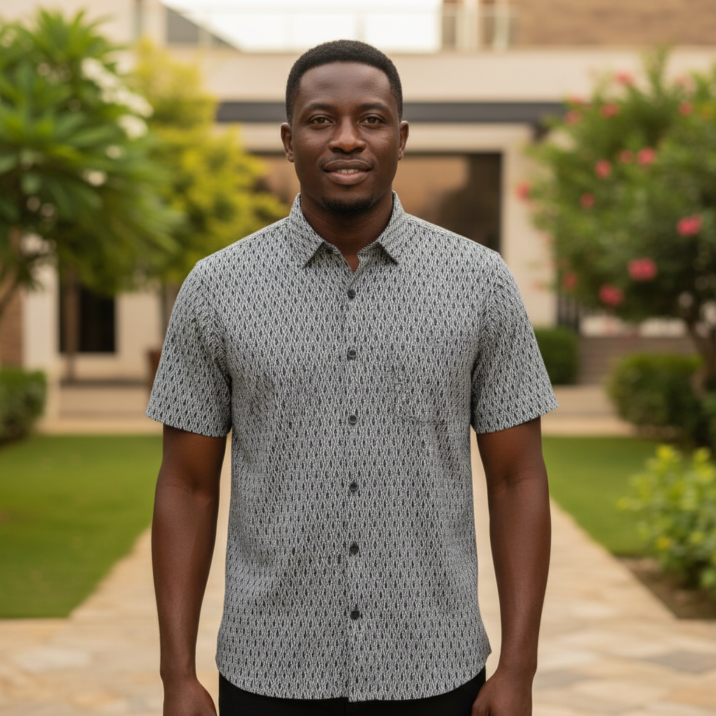 Nigerian male model wearing Grey Diamond Print Short Sleeve Shirt front view