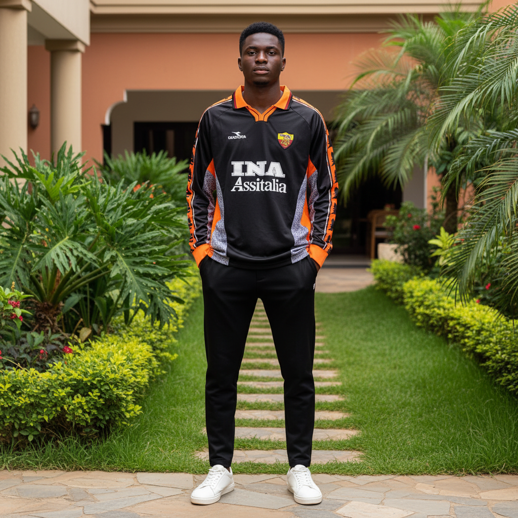 Black and orange patterned sleeve long-sleeve retro football jersey — Nigerian male model front view