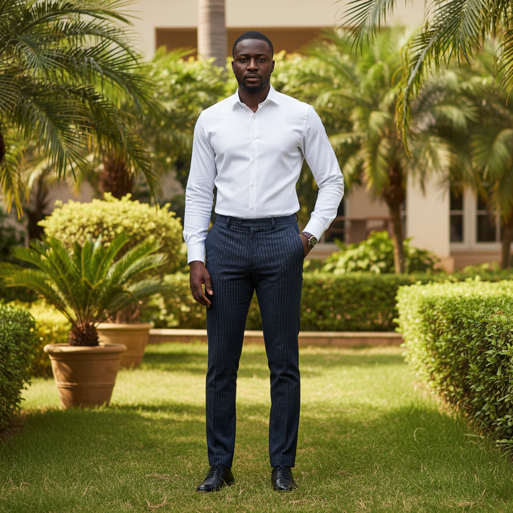 Nigerian male model wearing dark blue pinstripe trousers in outdoor setting