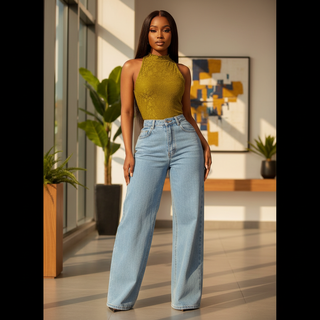 Pale Ice-Blue High-Waist Wide-Leg Denim Jeans - Model Shot
