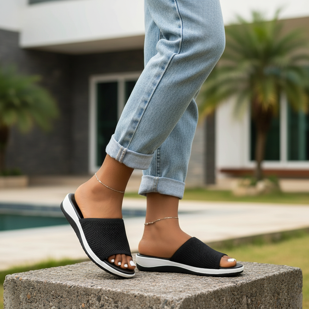 Nigerian model wearing black knit wide-strap flatform slide slippers - both feet styled
