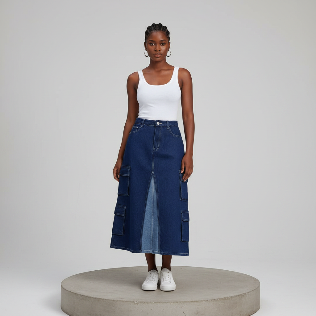 Dark Navy Multi-Pocket Heavy Cargo Denim Skirt - Model Front