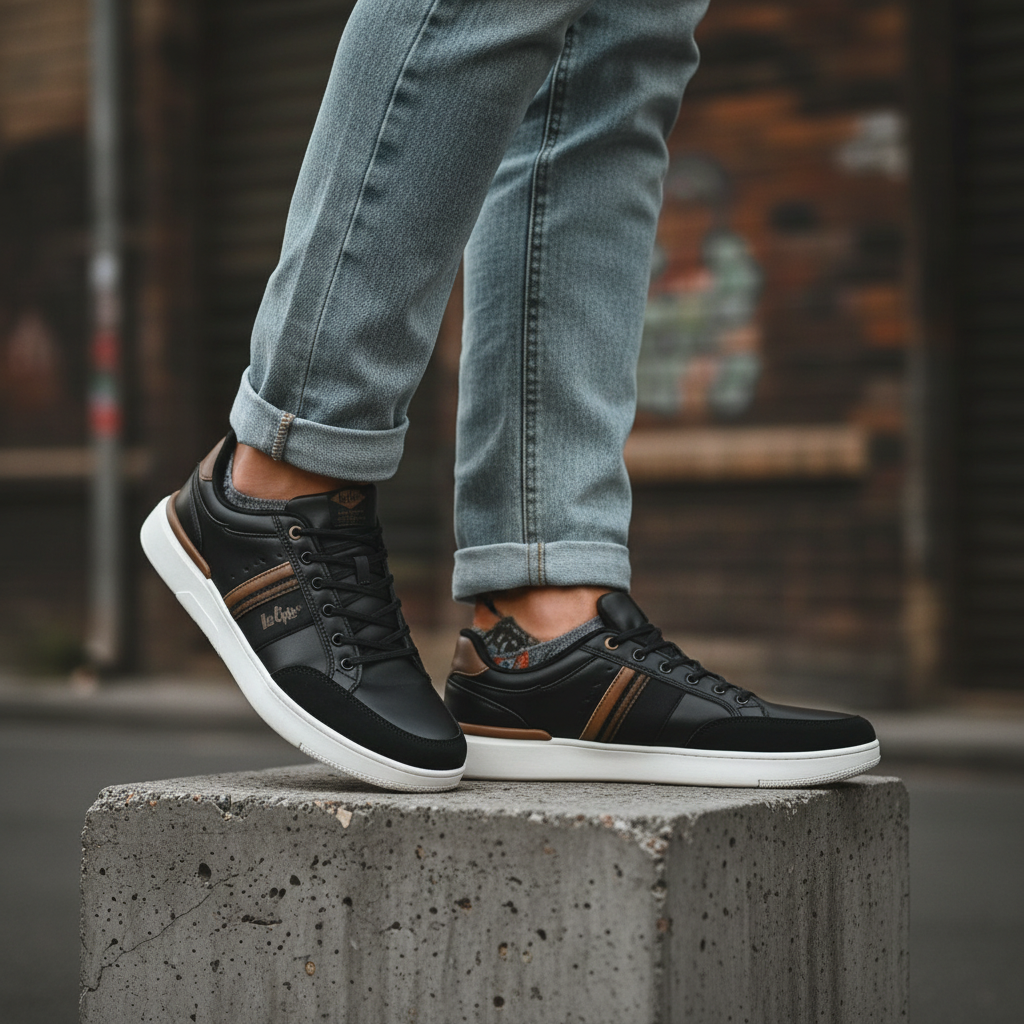 Model wearing black leather lace-up sneakers with brown stripe panel leg shot