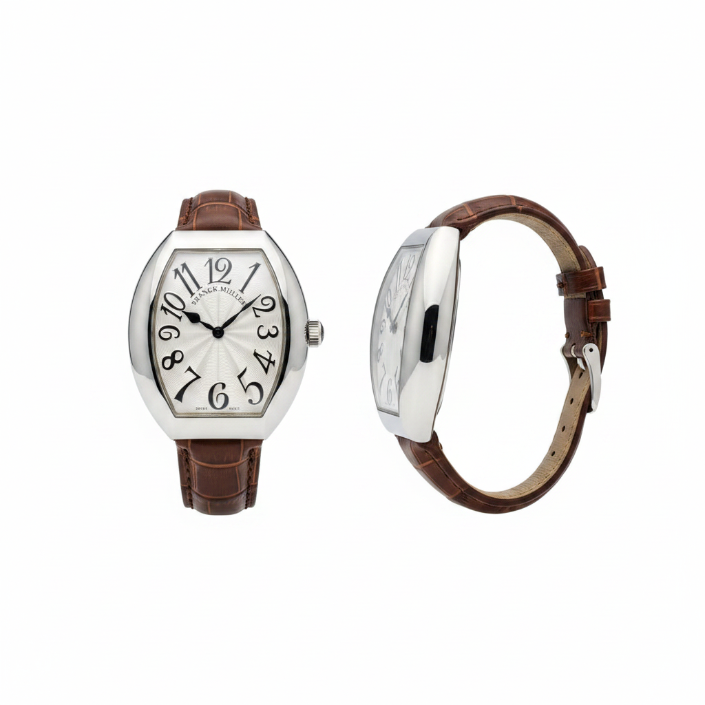 Women's silver plain bezel white guilloche dial tonneau watch — ghost mannequin front and side view, brown leather strap