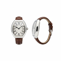 Women's silver plain bezel white guilloche dial tonneau watch — ghost mannequin front and side view, brown leather strap