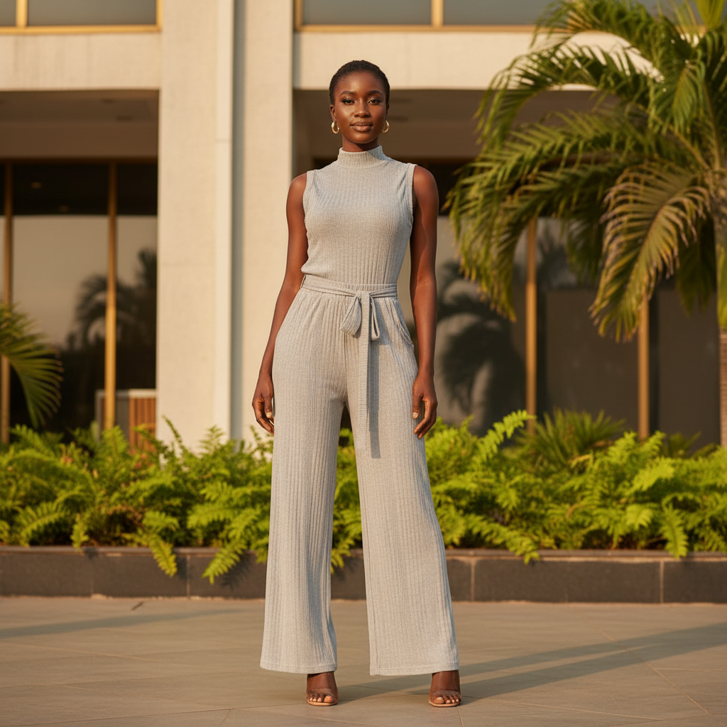 Model wearing grey ribbed mock-neck sleeveless co-ord set
