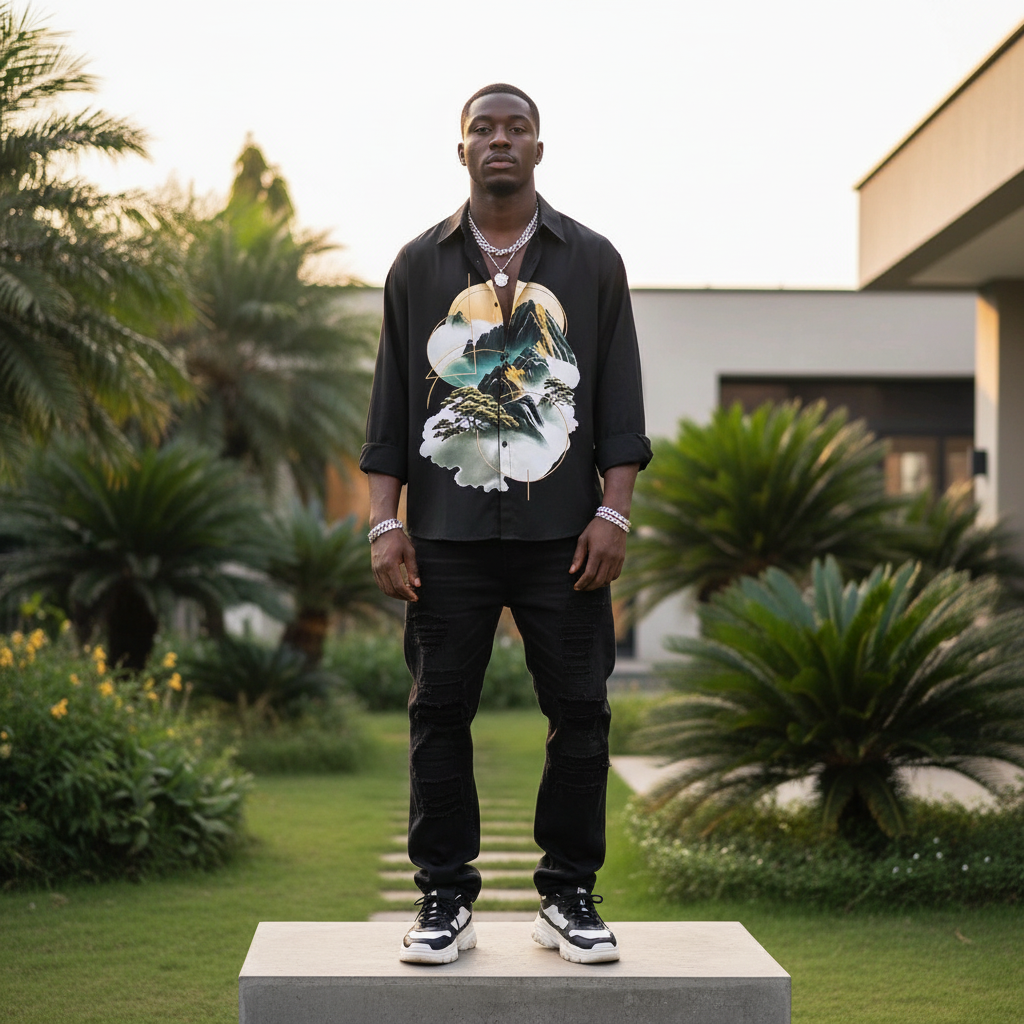 Nigerian male model wearing black Japanese landscape print long-sleeve shirt – full body lifestyle shot