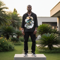 Nigerian male model wearing black Japanese landscape print long-sleeve shirt – full body lifestyle shot