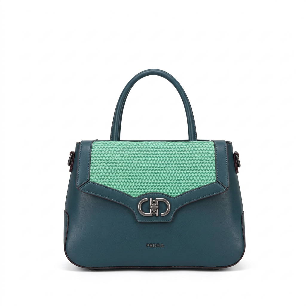 Teal top-handle handbag with mint woven-look flap panel and silver-tone clasp on white