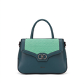 Teal top-handle handbag with mint woven-look flap panel and silver-tone clasp on white