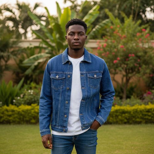 Nigerian male model wearing mid blue denim trucker jacket