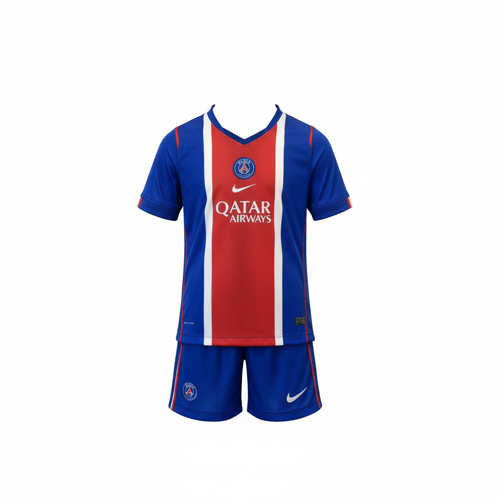 Kids' blue & red vertical stripe football jersey set – ghost mannequin front view on white background