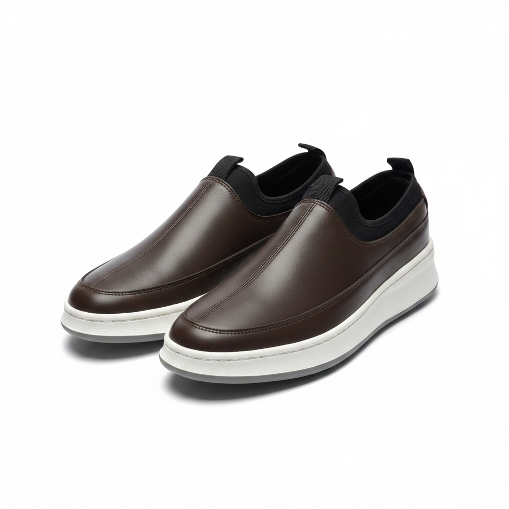 Pair of brown leather slip-on sneakers with white midsole on a white background