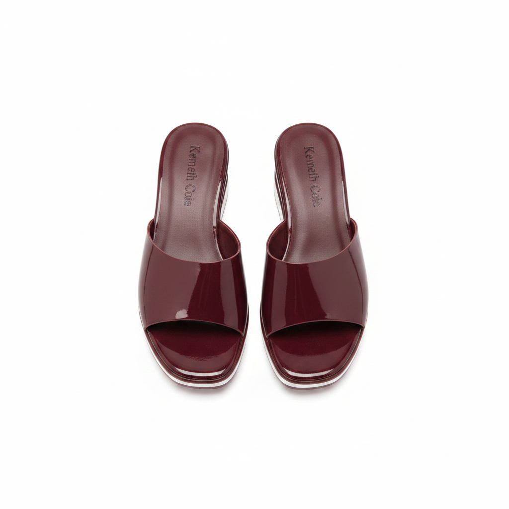 Women's wine burgundy patent leather flat mule slide — ghost mannequin pair view