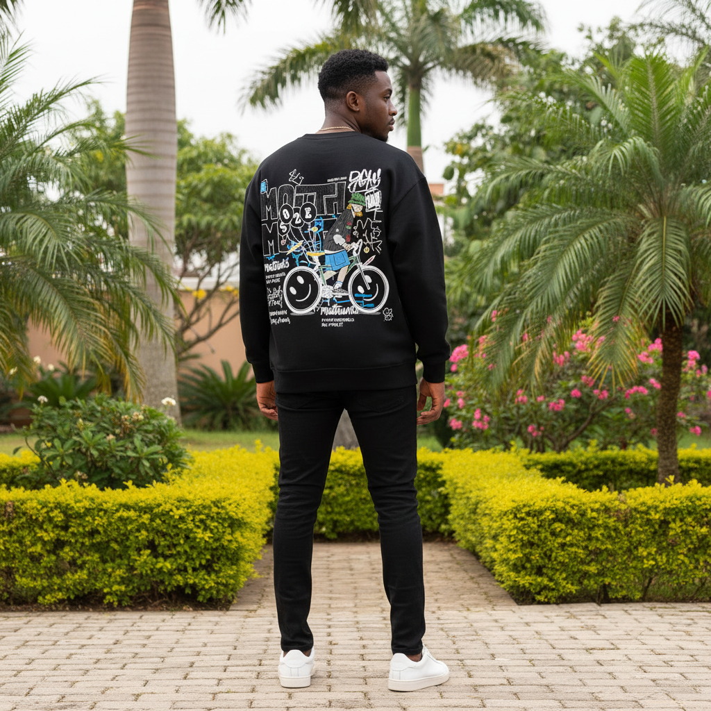 Nigerian male model wearing black sweatshirt with large back cyclist graphic