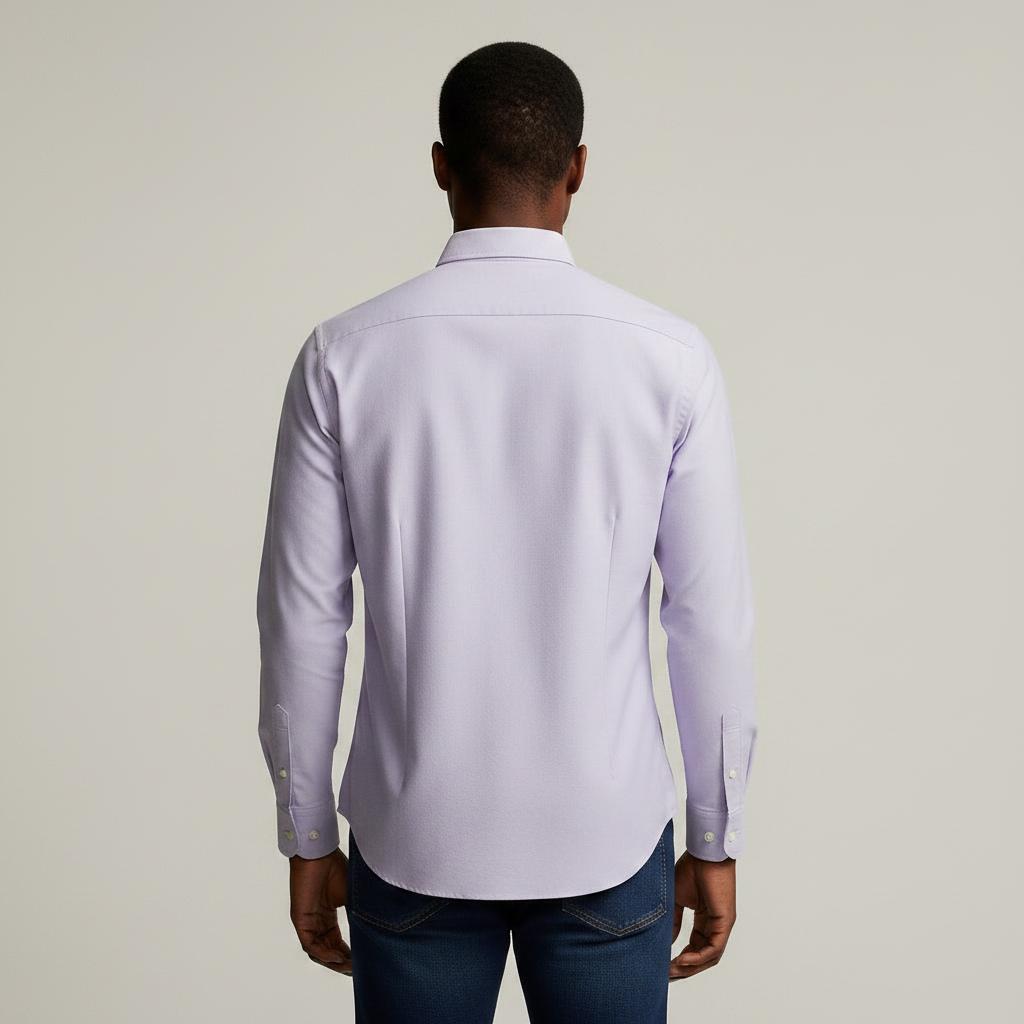 Nigerian adult male model wearing Lavender Long Sleeve Shirt – Back View