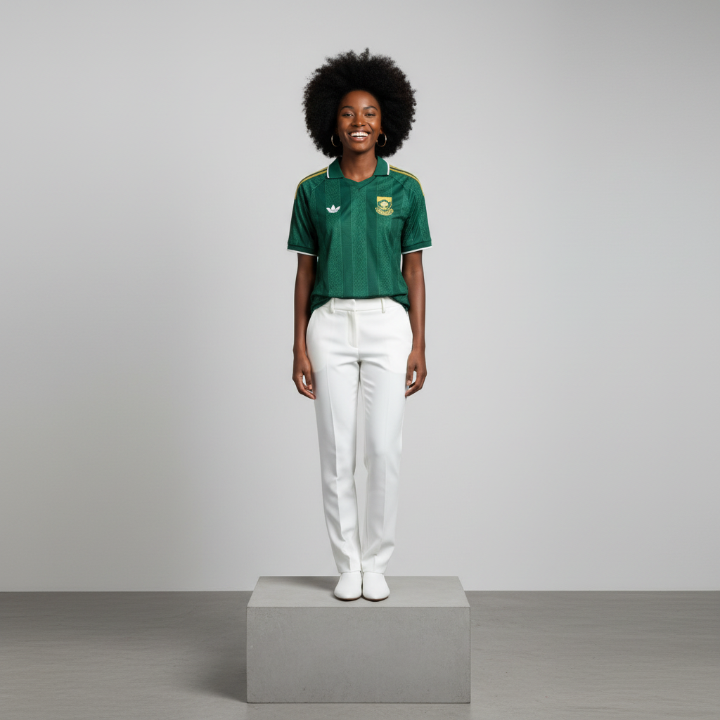 Nigerian female model wearing forest green jacquard retro polo football jersey on concrete plinth