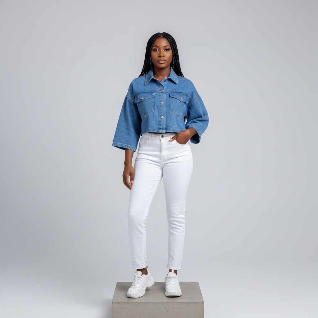 Light Blue Cropped Denim Jacket - Model Front