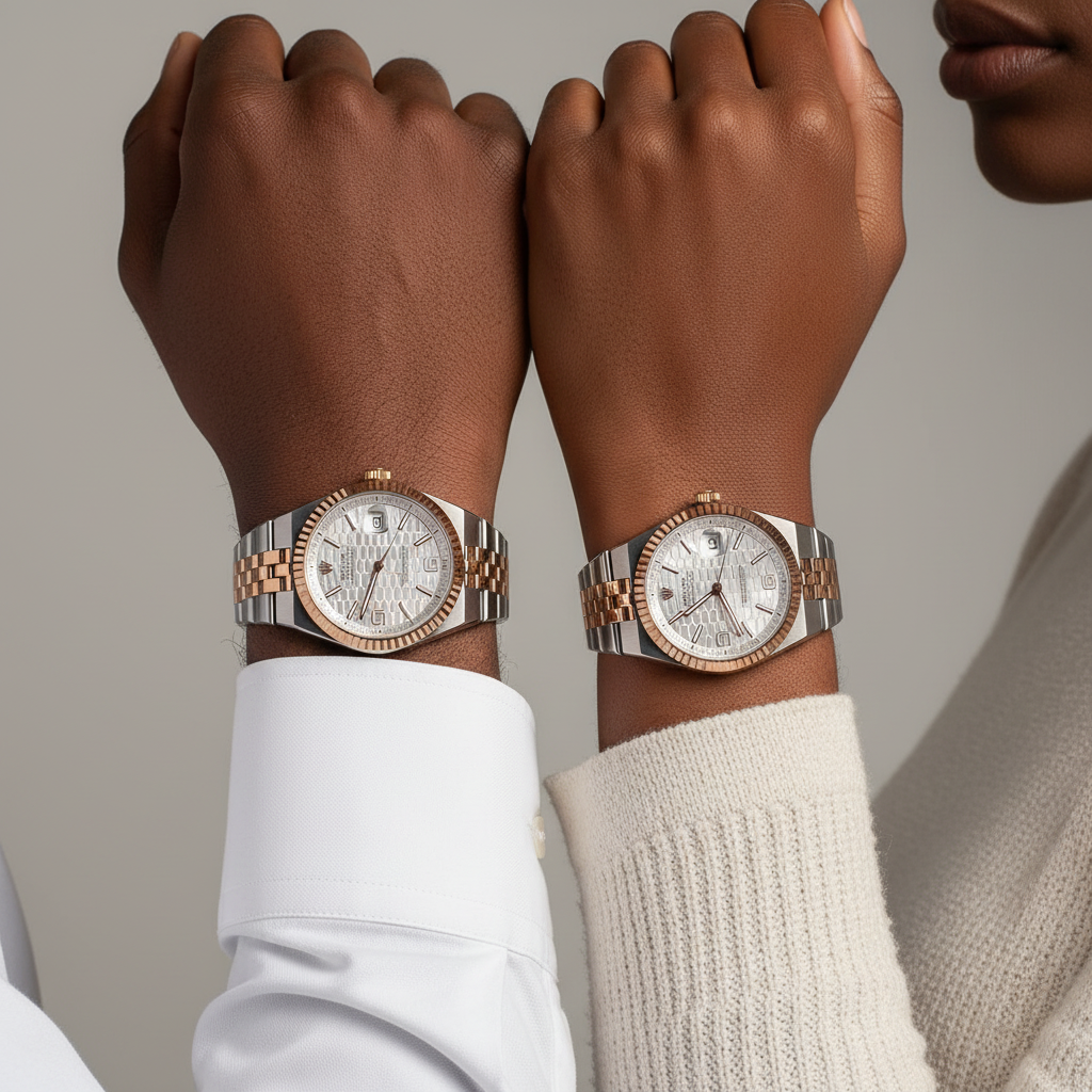 Nigerian male and female model wrist shot — silver grey two-tone couple watch