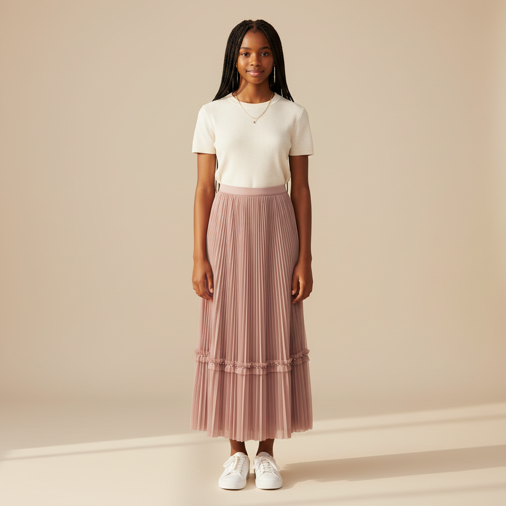 Nigerian girl wearing dusty pink pleated midi skirt - front view