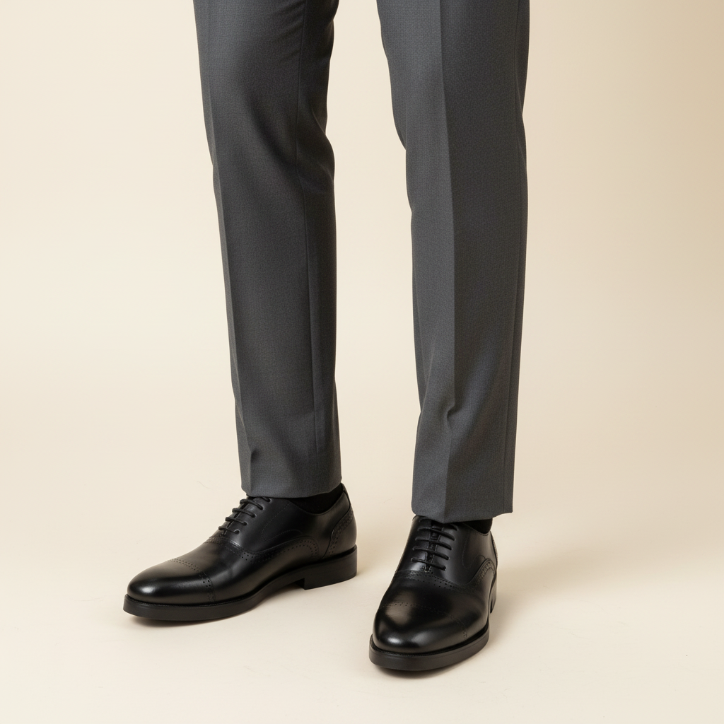 Black leather cap-toe derby shoes worn with charcoal suit trousers