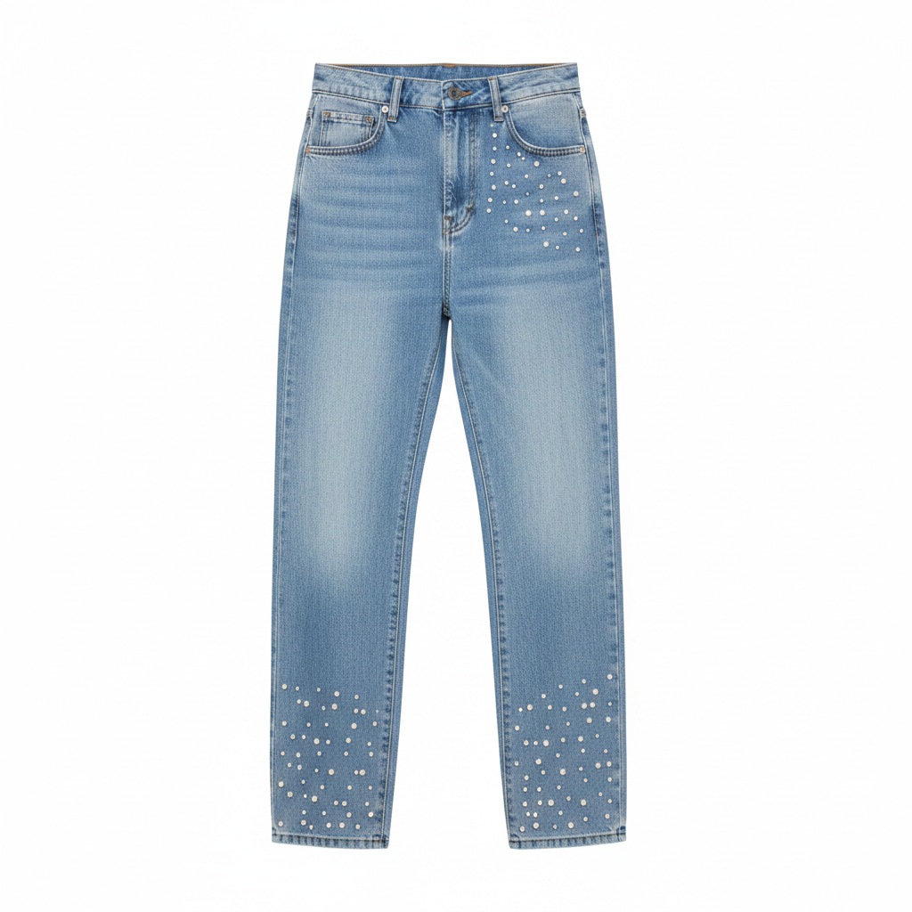 Men's light blue baggy rhinestone pearl stud embellished denim jeans ghost mannequin front view