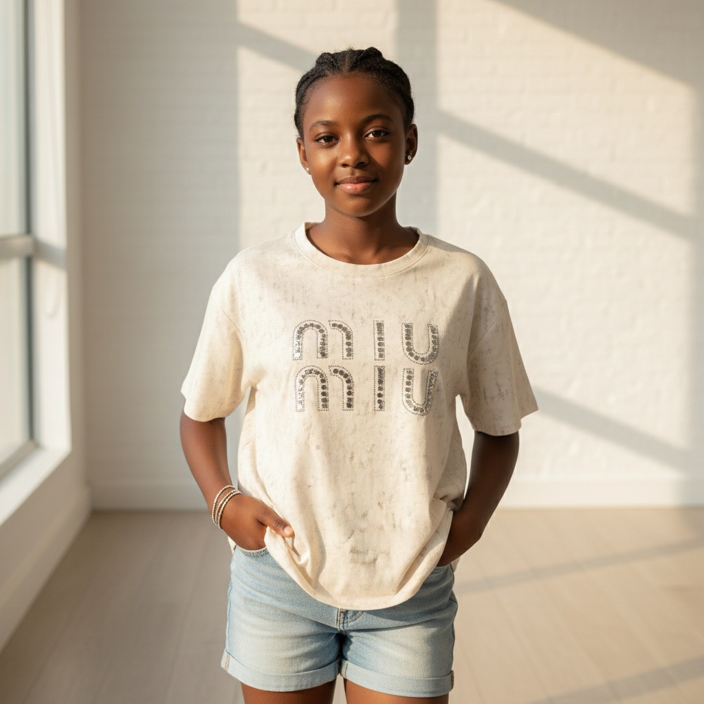 Girls Rhinestone Graphic Short-Sleeve Top – Model Shot Cream
