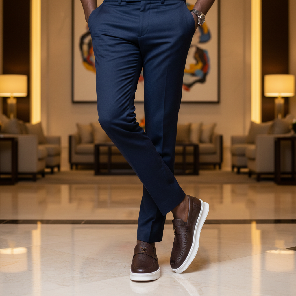 Nigerian male model wearing dark brown pebbled leather slip-on loafers with gold hardware, luxury leg focus lifestyle shot