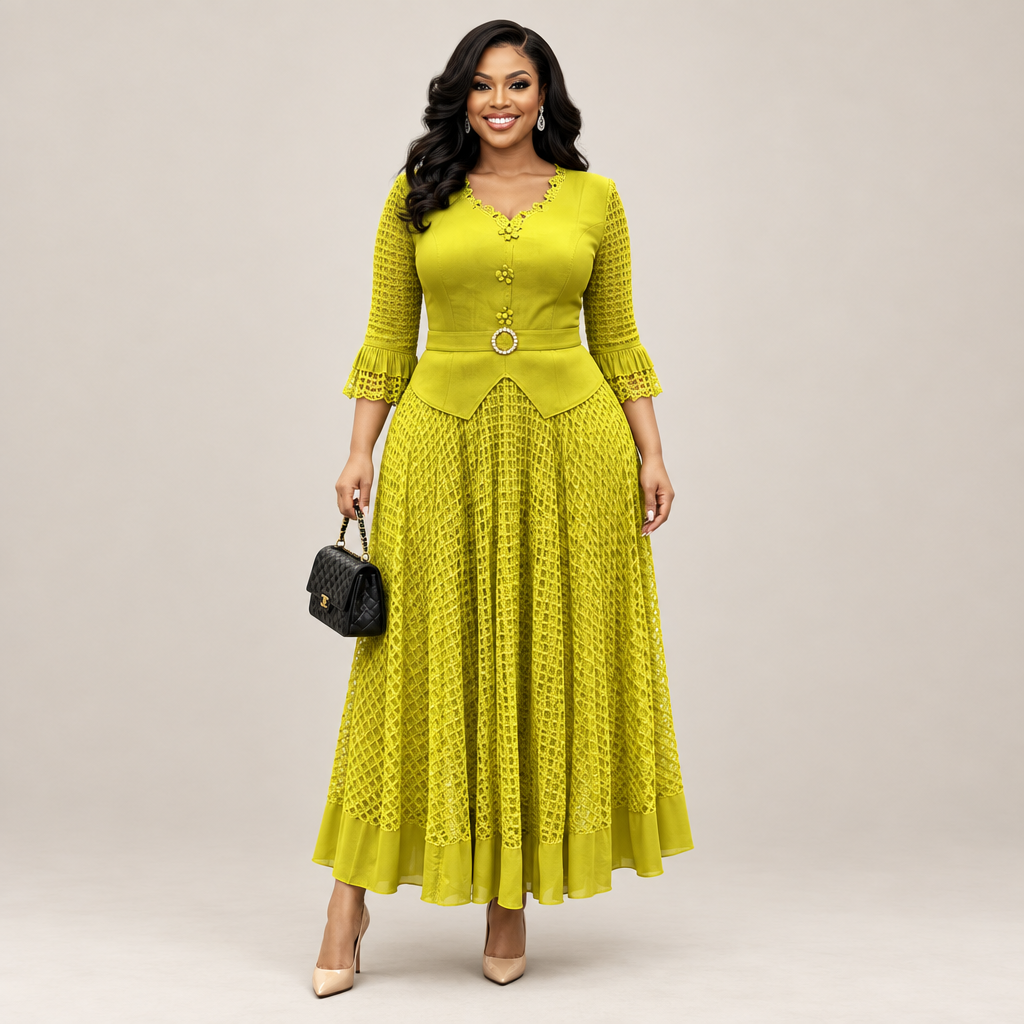 Black Nigerian model wearing a chartreuse geometric openwork gown with ruffle sleeves and a belted waist