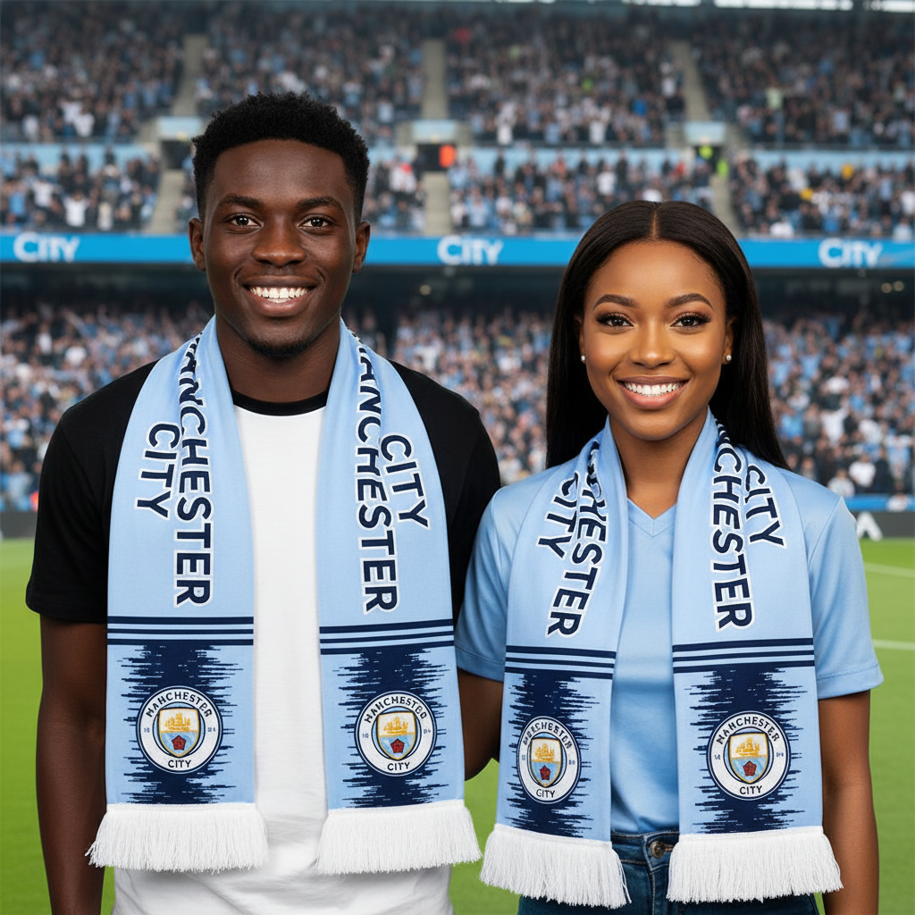 Male and female models wearing sky blue Manchester City football fan scarf at stadium