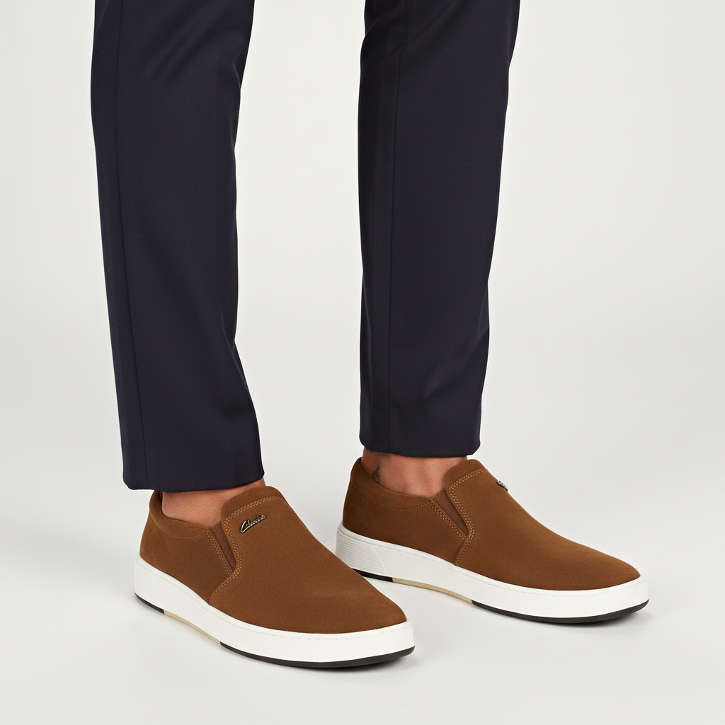 Close-up leg focus of men's tan brown suede slip-on sneakers with dark navy trouser hem