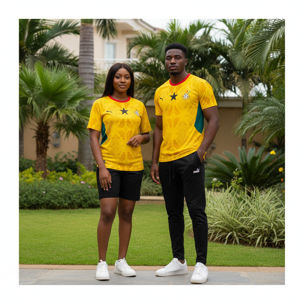 Nigerian female and male models wearing bright yellow black star crew neck football jersey with Kente pattern