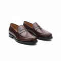Clarks dark chocolate brogue penny loafer ghost mannequin product shot, plain white background