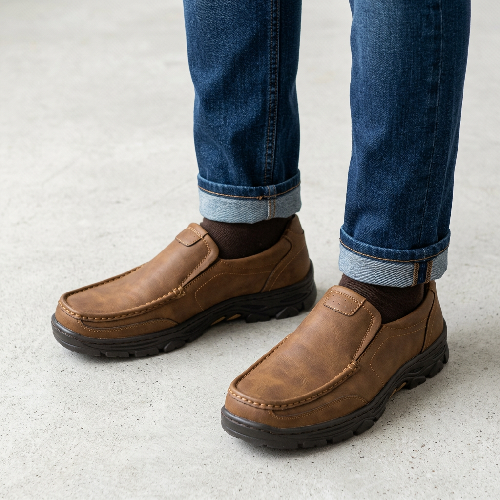 Model wearing brown stitched slip-on shoes with blue jeans