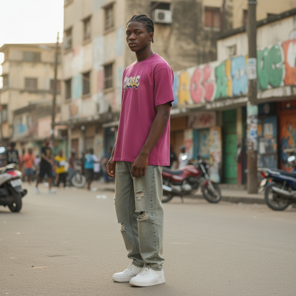 Young Nigerian teen wearing pink drip graphic oversized tee