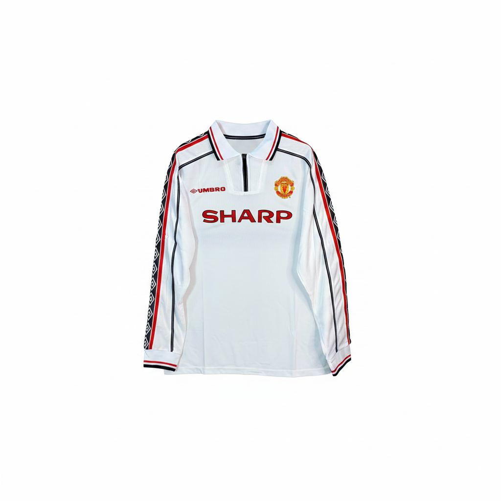 White long-sleeve retro football jersey with diamond tape sleeves — ghost mannequin front view