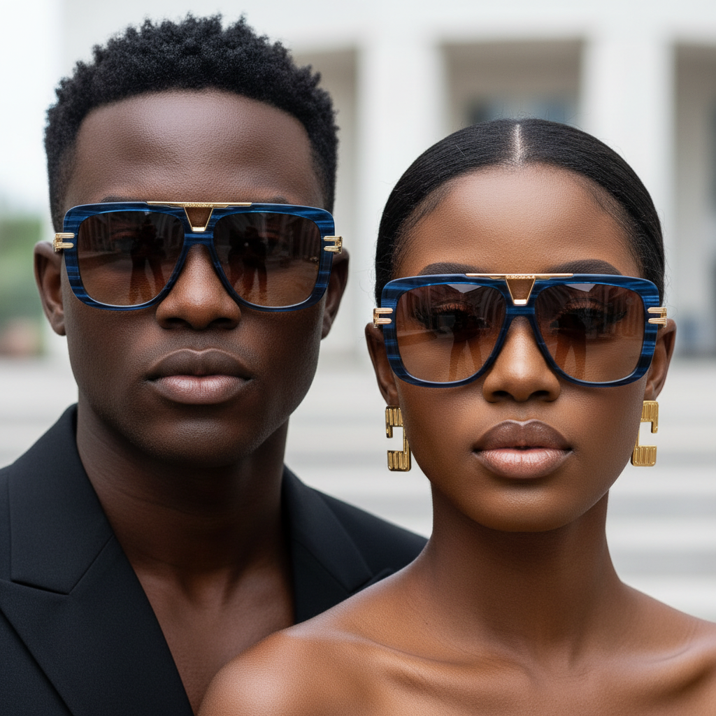 Nigerian male and female models wearing oversized square flat-top sunglasses blue marble frame gradient amber brown lens gold hardware