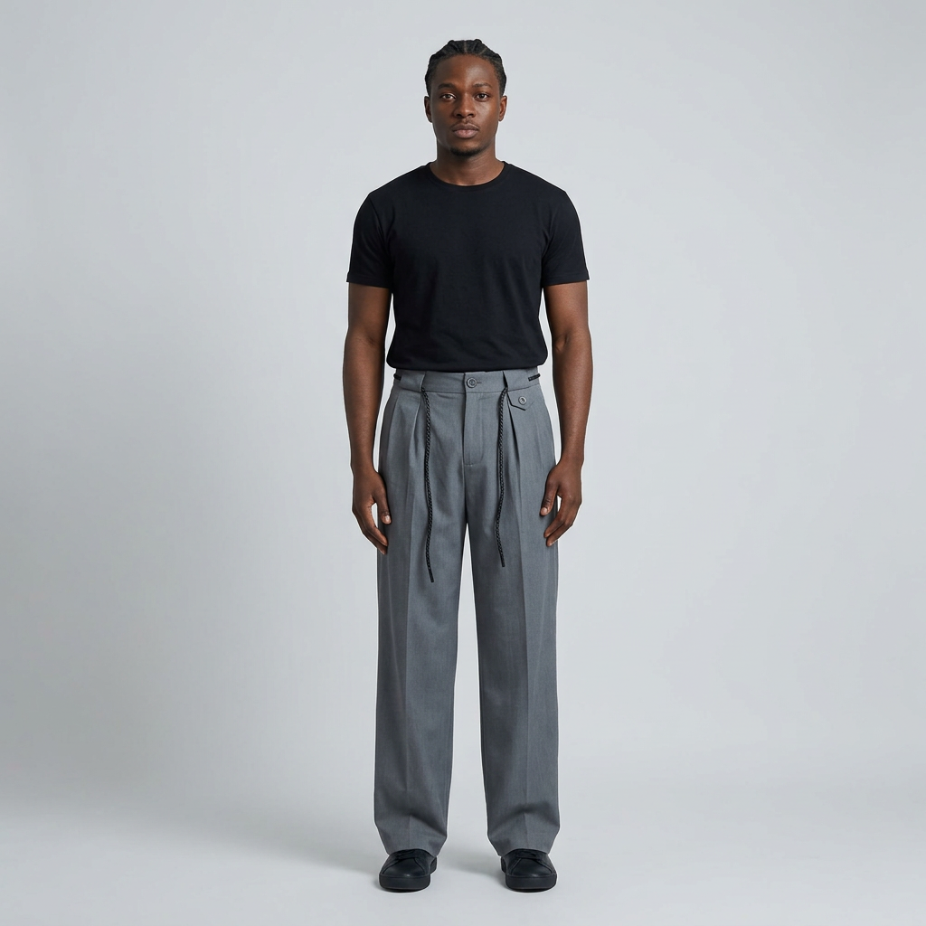 Full-body male model wearing grey cord-detail wide-leg trousers