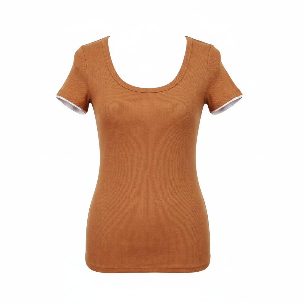 Camel Ribbed Scoop-Neck Short-Sleeved Shirt - Ghost Mannequin Front