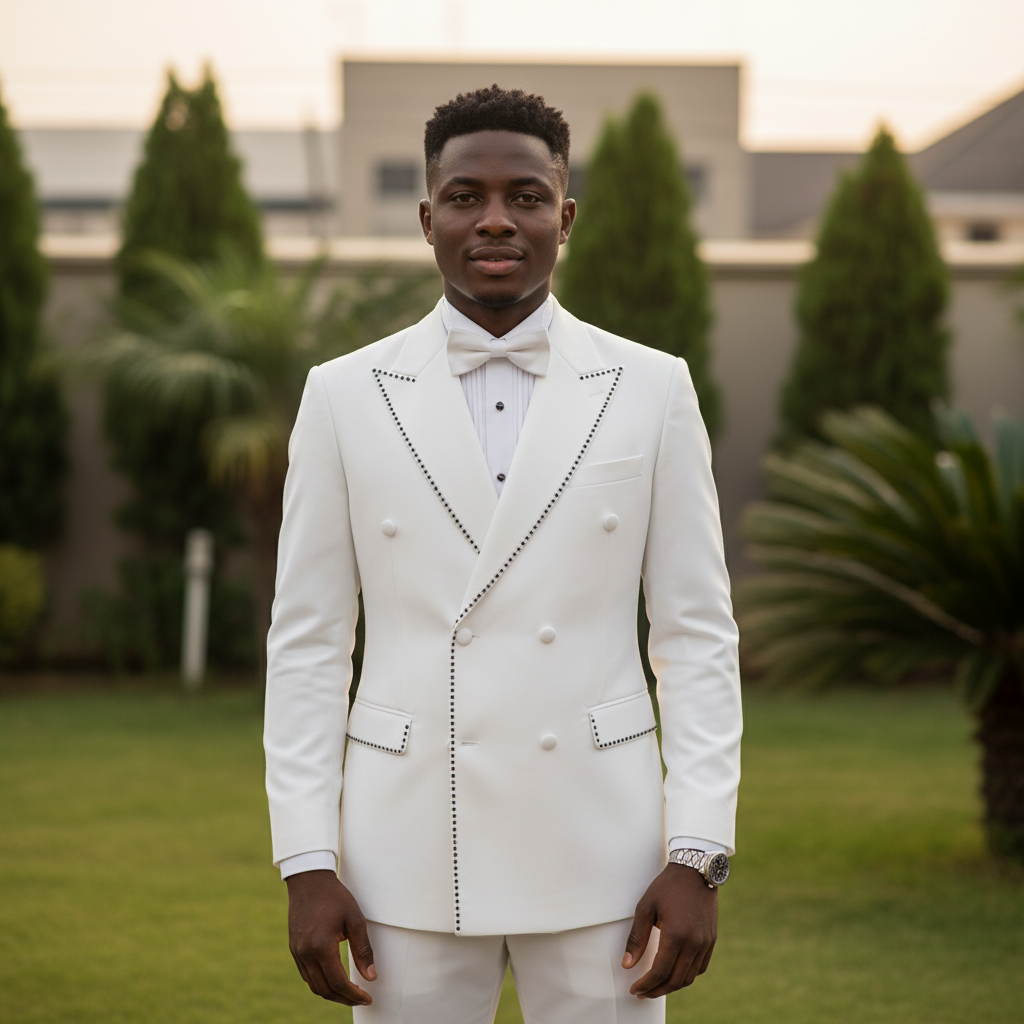 Nigerian male model wearing white double-breasted black stud lapel tuxedo suit