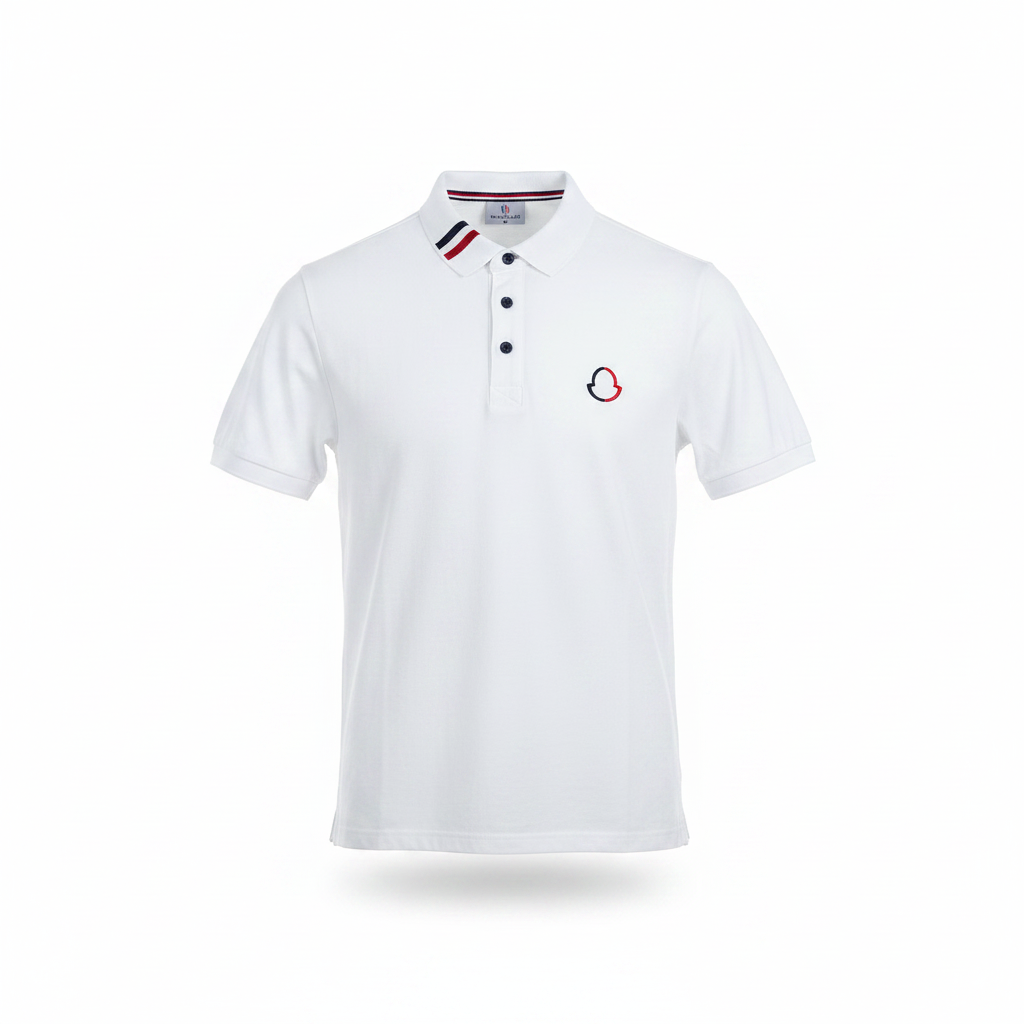 Men's white polo shirt ghost mannequin view showing collar detail and embroidered logo