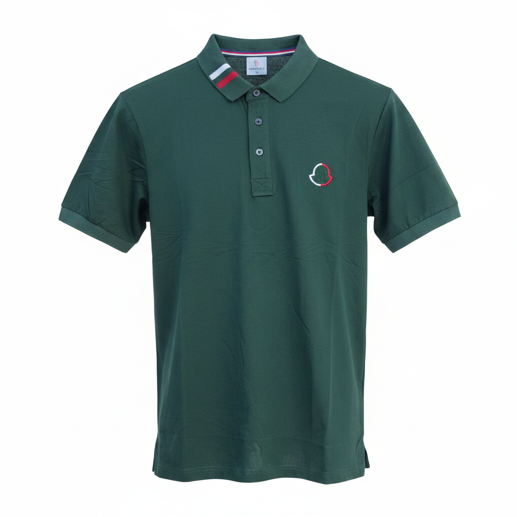Men's forest green polo shirt with tricolour striped collar, ghost mannequin front view