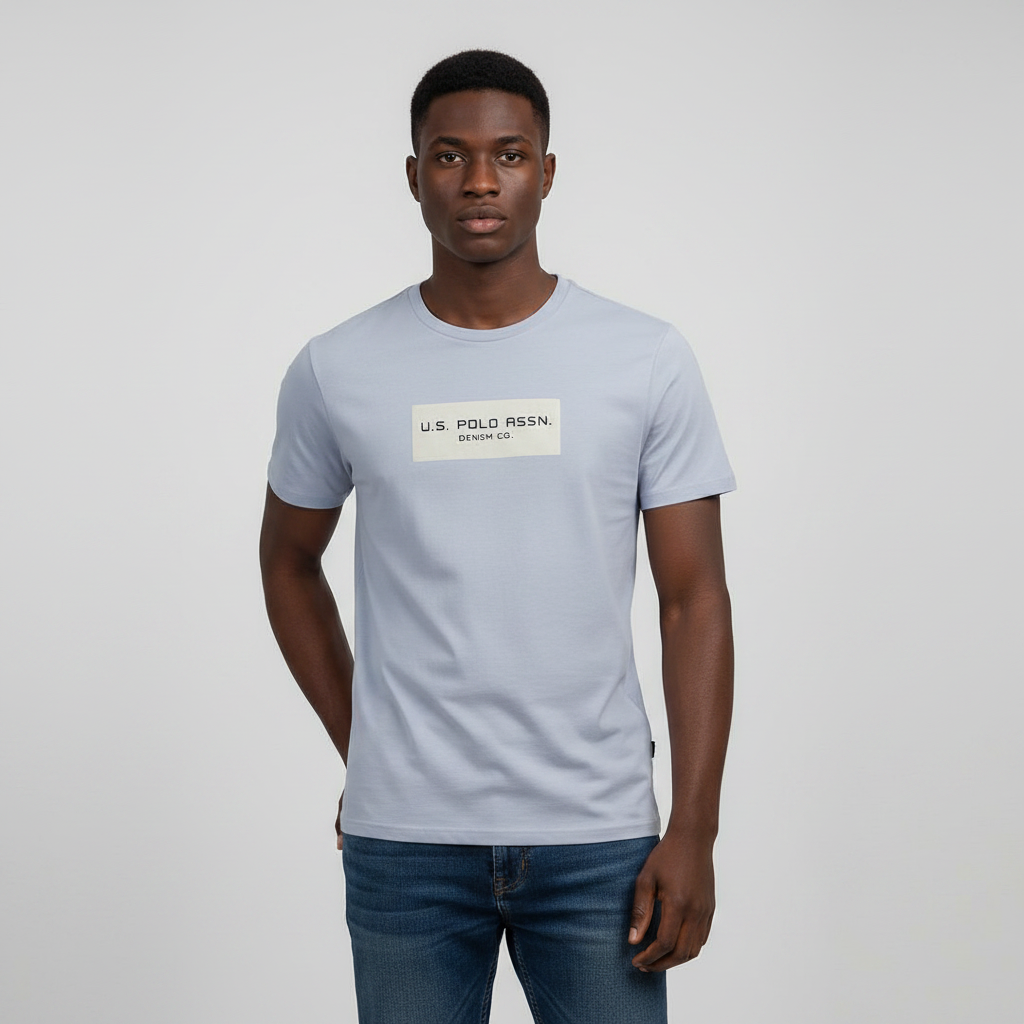 Steel Blue Box Logo Tee – Front Model