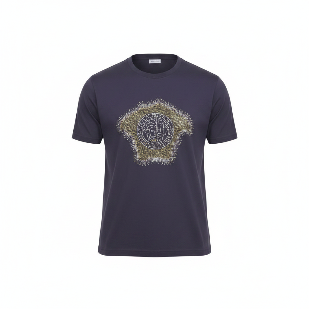 Navy rhinestone crystal Medusa emblem graphic tee ghost mannequin front view